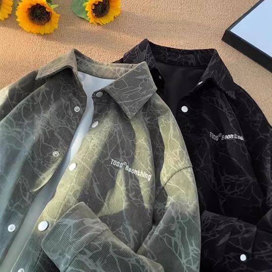 Весна Осень Мужская Рубашка Ретро Американский Стиль Вельвет Вышивка Японский Стиль Свободный Однобортный Длинные Рукава