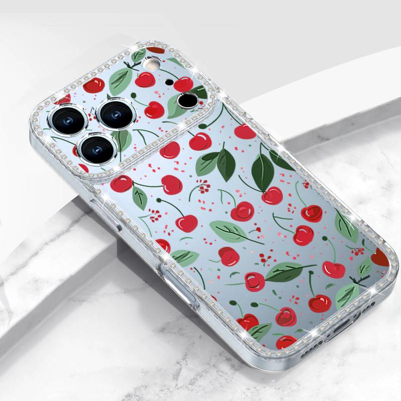 Роскошный чехол с узором из вишни и бриллиантами для iPhone 17 Pro Max Мягкий силиконовый чехол из ТПУ для iPhone 16 15 14 13 Pro Max