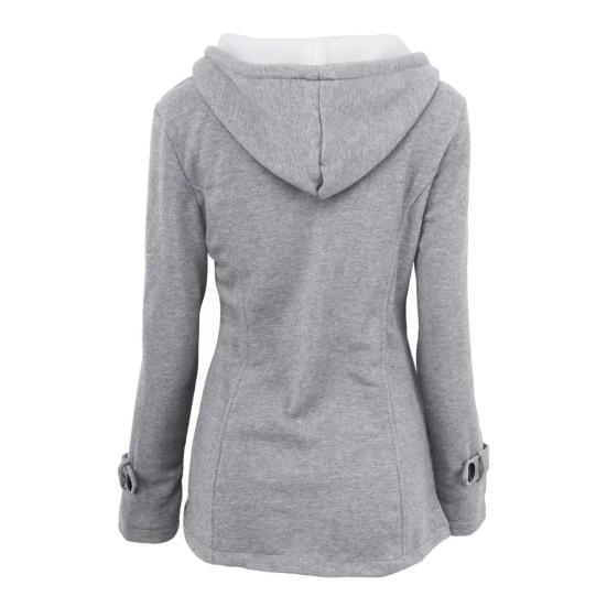 Fall Winter Coat with Side Pockets Solid Color Hooded Horn Button Closure Long Sleeve