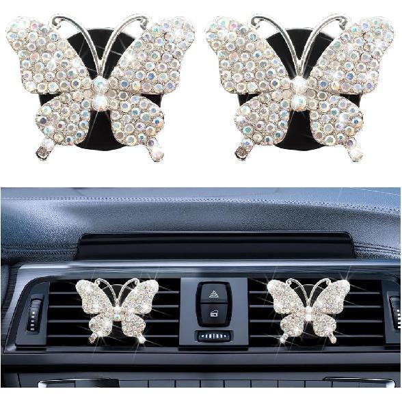 2PCS Bling Butterfly Car Freshener Air Vent Clips, Sparkling Crystal Rhinestone Auto Diffuser Clamps, Full Diamond Vehicle Interior Decoration Charm