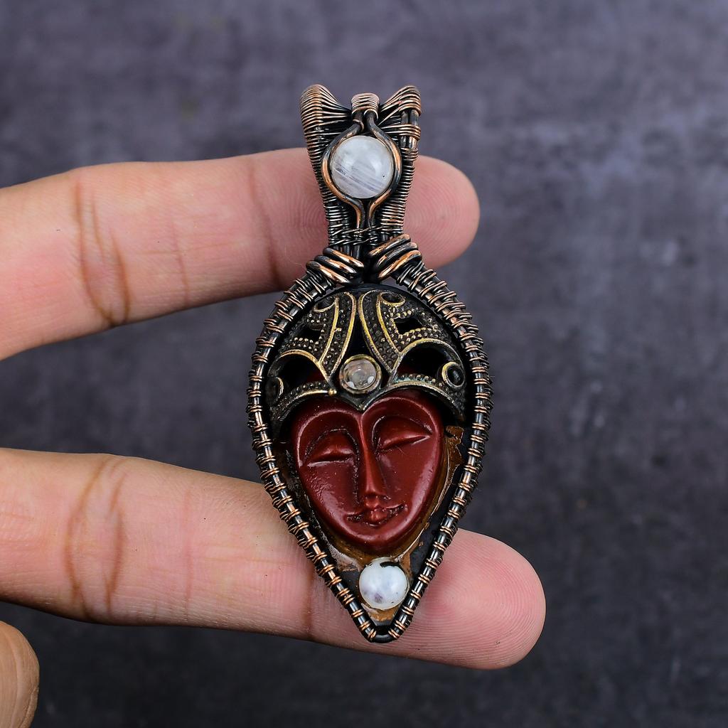Натуральная камея, лунный камень, обмотка медной проволокой, ювелирная подвеска 2,99" c3M91