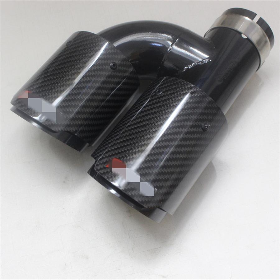 Universal Pair Left + Right Glossy 100% Real Carbon Fiber 63mm In 89mm Out Car SUV Dual Pipe Exhaust Pipe Tail Muffler Tip Full Black