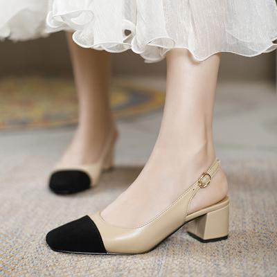 Мода Роскошь Абрикосовый/Черный Смешанный Цвет Сандалии Женские Слингбэк Ремешок на Щиколотке Туфли Дамские Средне-Высокие Каблуки Сандалии Офисное Платье Каблуки