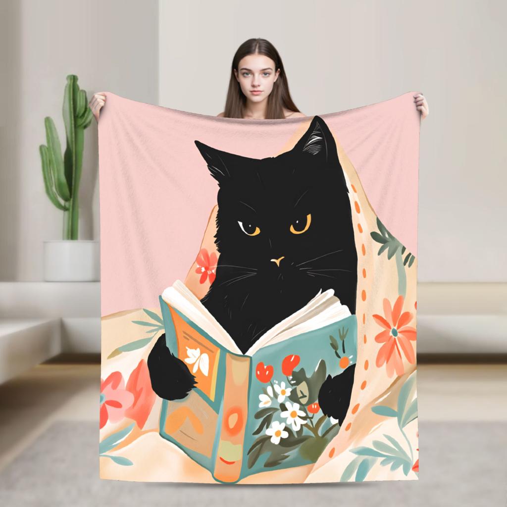 Whimsical Reading Cat Plush Blanket Girls Boys  Flannel Throw Blanket For Living Room Warm Soft Custom Quality Bedspread Gift