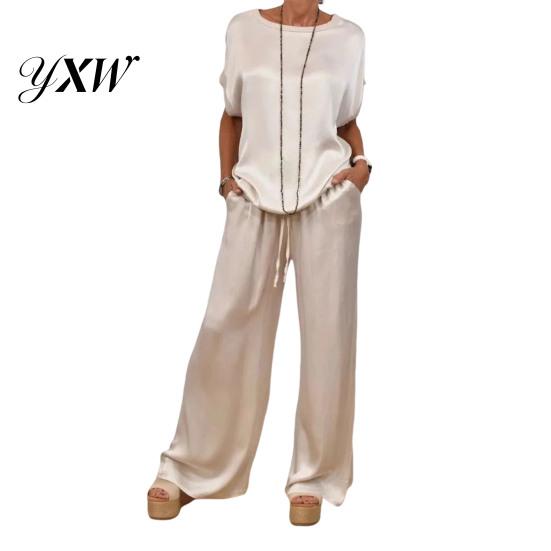 Women Satin Outfit 2 Pcs/Set Top Pants Set Round Neck Half Sleeves Blouse Elastic Waist Trousers Wide Leg with Pockets Daily Leisure Loose Solid Color