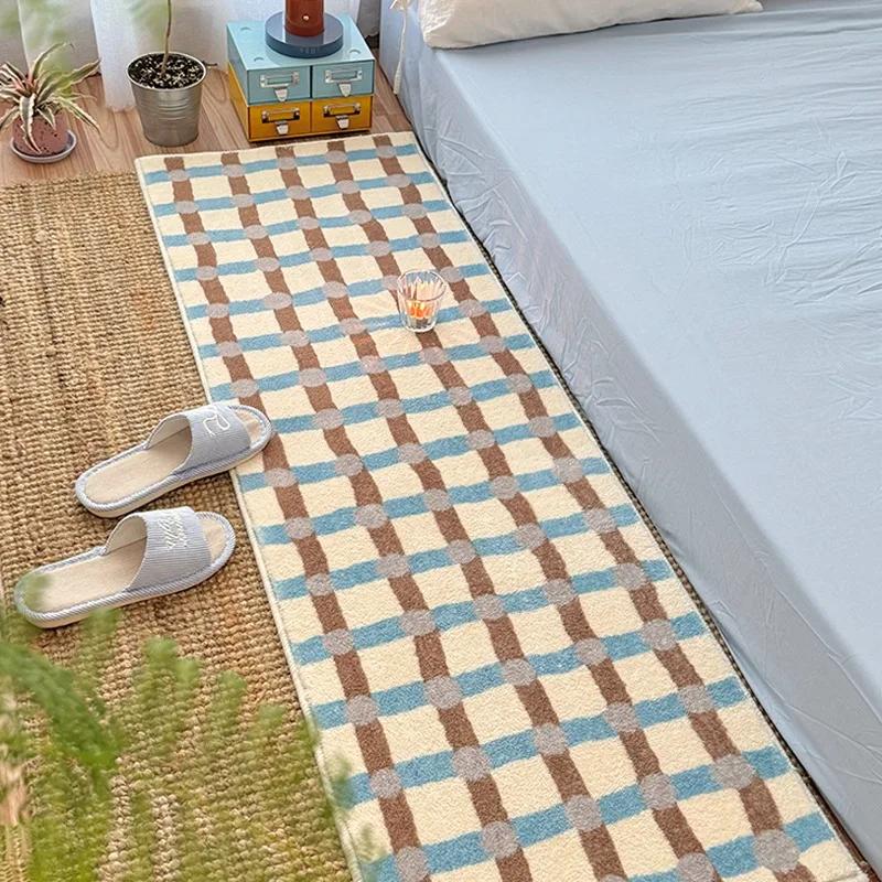 Ковер для спальни Прикроватный длинный напольный коврик Синие клетчатые ковры Мягкие пушистые коврики для ног Минималистичный ковер для украшения дома для гостиной