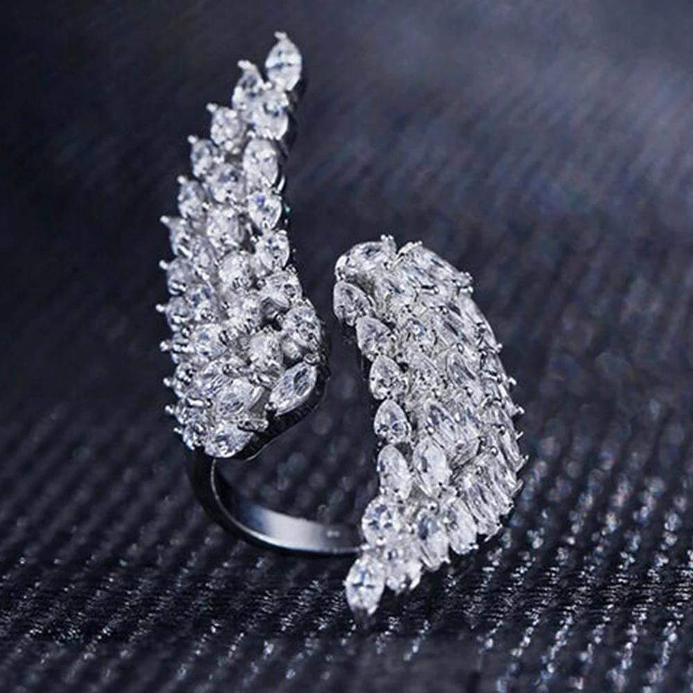 Huitan Angle Wing Design Women's Open Ring with Cubic Zirconia Aesthetic Style for Wedding Party Accessories Anniversary Gift