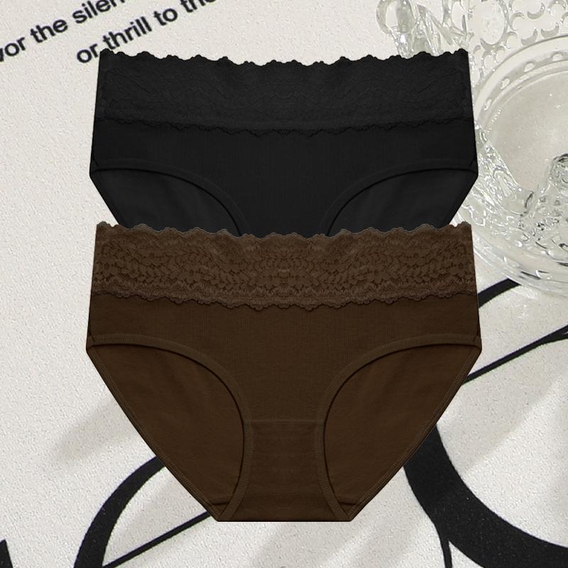 FINETOO 2Pcs Women Cotton Seamless Underwear Sexy Lace Waist Patchwork Panties Female Solid Briefs Plus Size Breathable Lingerie