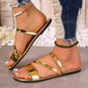 Летние женские тапочки, роскошные кожаные сандалии на плоском каблуке золотого и серебряного цвета, простые пляжные женские тапочки с узким ремешком, обувь для женщин