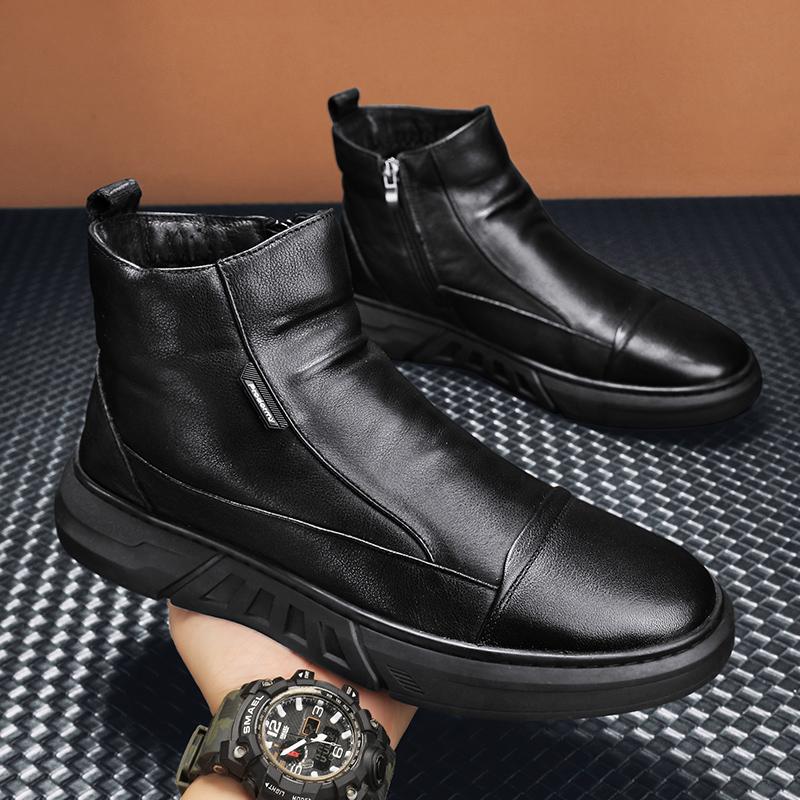 Модные зимние мужские кожаные ботинки для мужчин, теплые плюшевые внутри, высокие кожаные повседневные туфли на платформе, зимние, щиколотки, толстые плюшевые хлопковые туфли