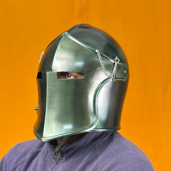 Green Barbuta Helmet Medieval Knight Armor 18g Mild Steel LARP Cosplay Warrior Helmet Visored for Halloween Collectors
