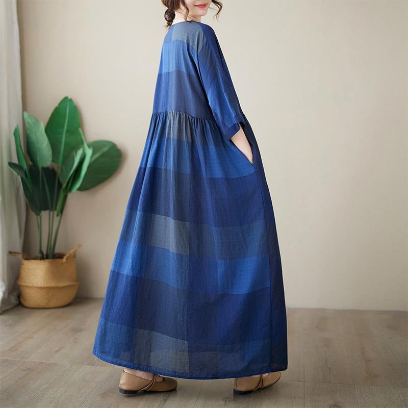 Реальное фото Лето Новое Хлопок и Лен Литературное Свободное Круглый вырез Короткий рукав Богемное Платье средней длины Женское