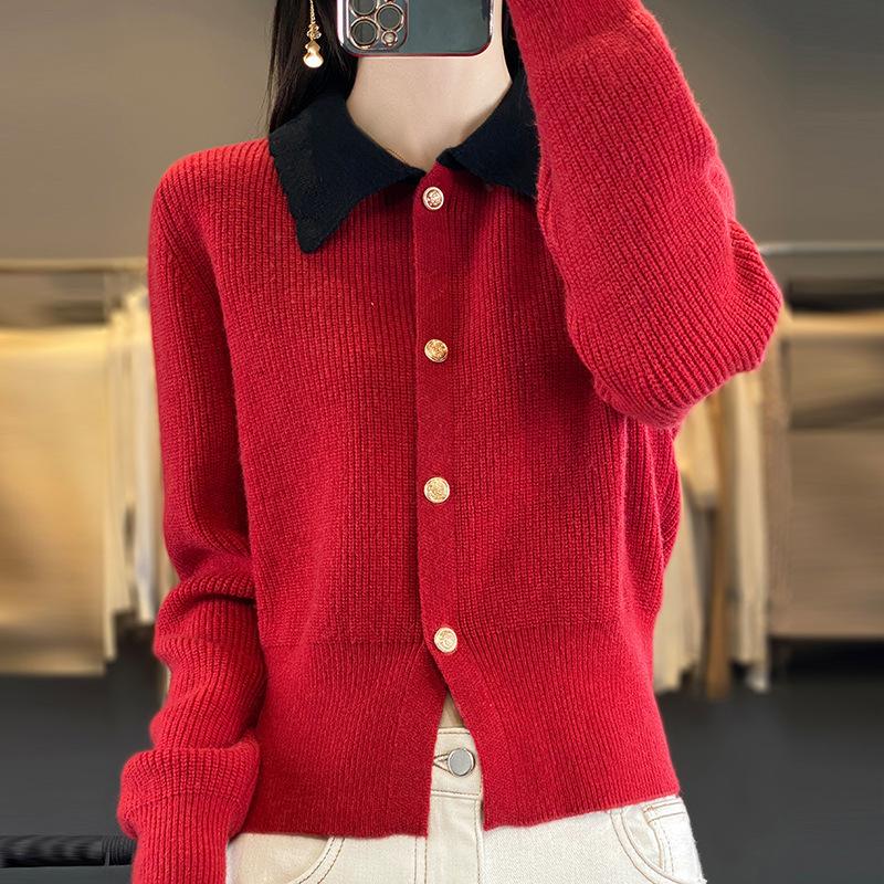Polo Collar Chambray Sweater Cardigan Jacket Colour Blocking Doll Neck Knitwear Women's Tops
