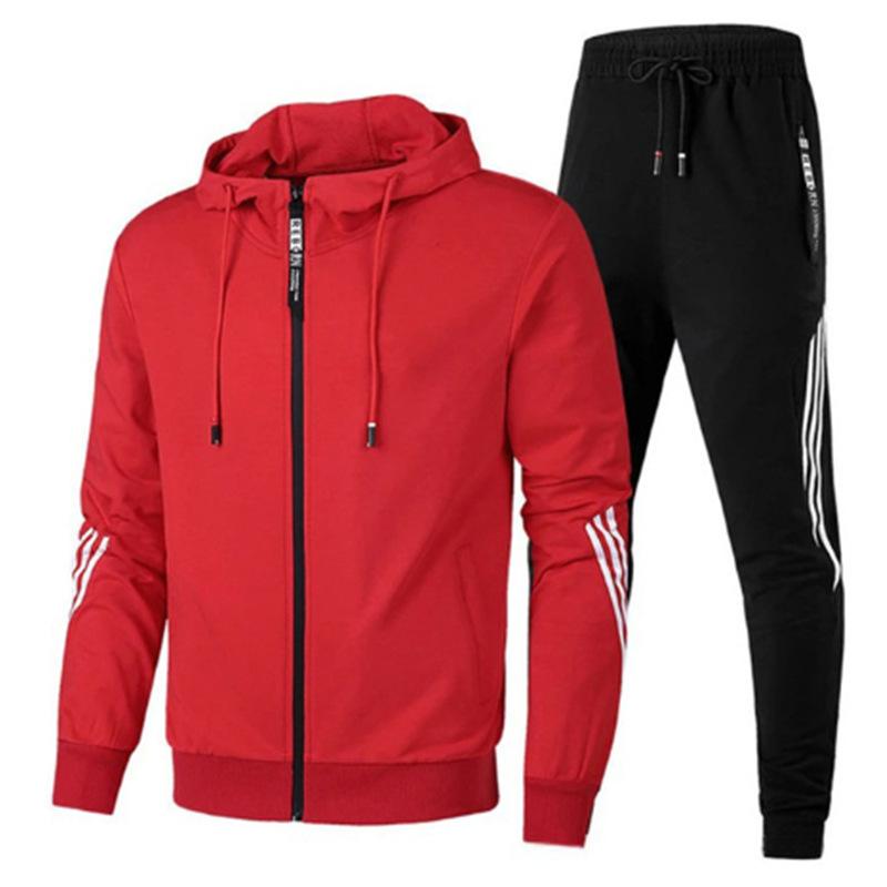 Men's Casual Sports Suit Three Bars Hooded Zipper Hoodie Long Pants Sports Suit