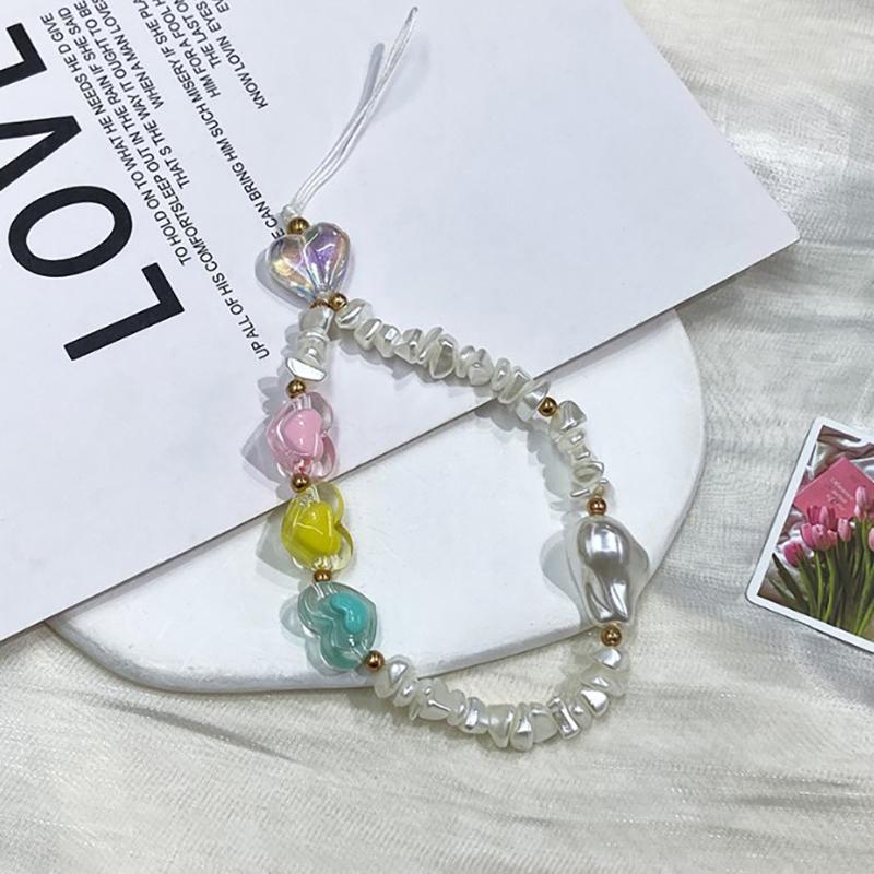 Korean Cute Charm Pink Butterfly Love Heart Phone Chain For Iphone Girl Women Jewelry Strap Beaded Lanyard Hanging Cord Bracelet