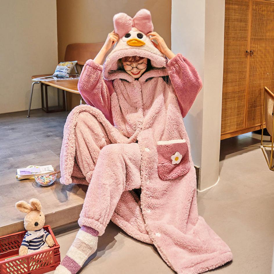 Coral Velvet Nightgown Women's Autumn and Winter Long Thickened Plush Home Clothes Lovely Flannel Pajamas Women's Two-piece Suit