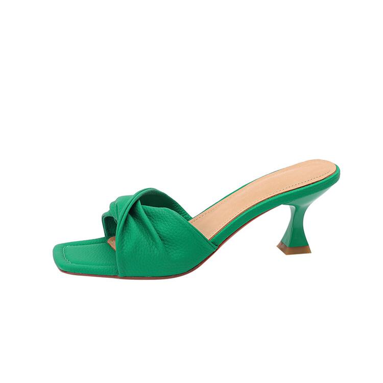 Fashion New Summer Green Orange Women Slippers Solid Color Shoes Classic Square Toe Flip Flops Beach Med Heel Slides Mules