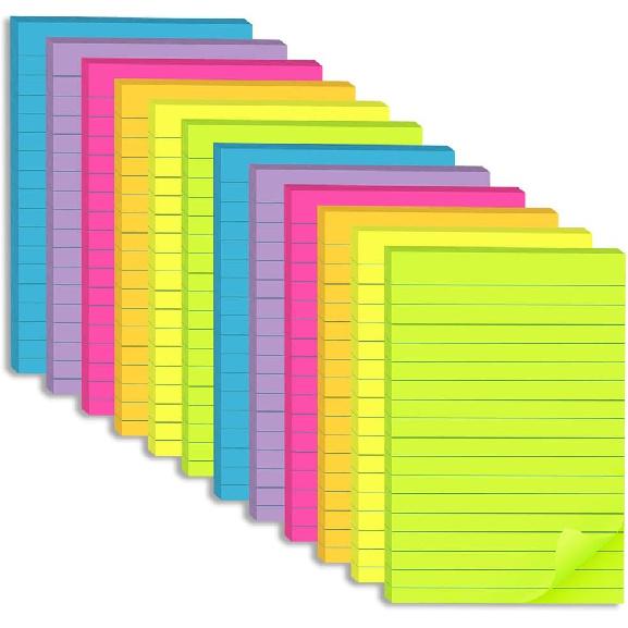 (12 Pack) Lined Sticky Notes 4x6 in,Large Notepads with Lines,Ruled Stickies Super Sticking Power,Office School Memo Note Pads Bright Colors,Post on