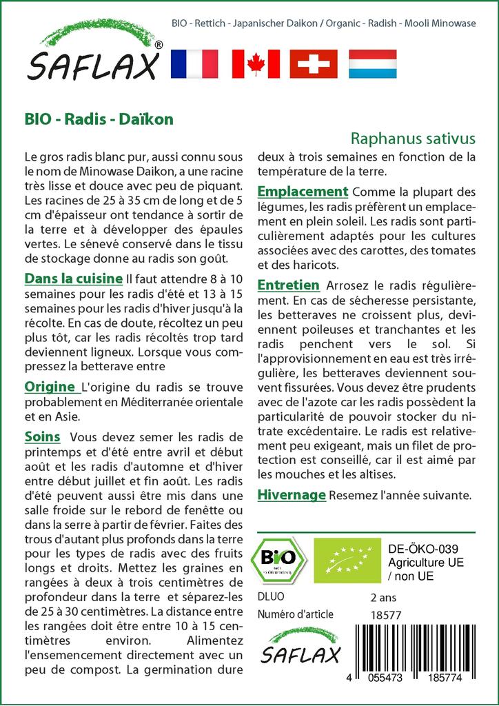 SAFLAX Garden in the Bag - Органический - Редис - Mooli Minowase - 100 семян - С субстратом в подходящем мешке - Raphanus sativus
