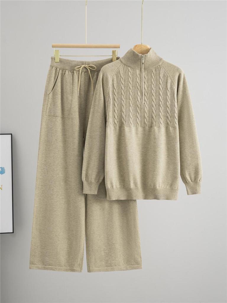 Женский модный вязаный комплект Осень/Зима: Свитер на молнии до середины и брюки широкого кроя