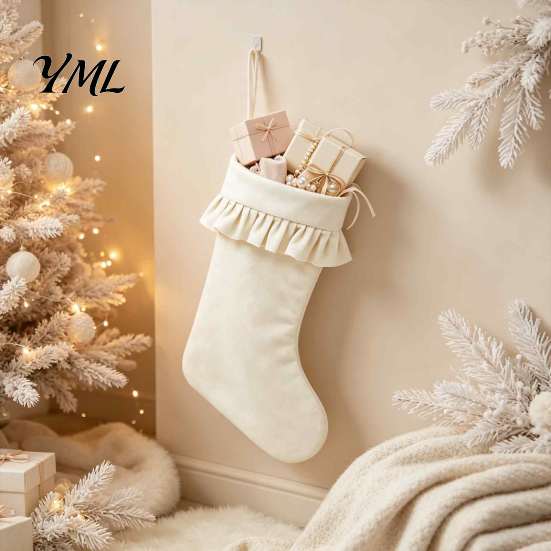 Vintage Style Lace Christmas Stockings Large Ruffled Cuff Stockings, Thick Xmas Gift Sack with Hanging Small Candy Pouches for Rope, Fireplace Present
