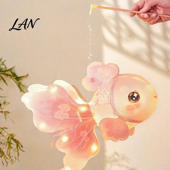 Traditional Chinese Style Lantern DIY Mid Autumn Goldfish Kit for Kids, Handheld Glowing Fish Paper Lamp Handmade Material with LED Light Craft