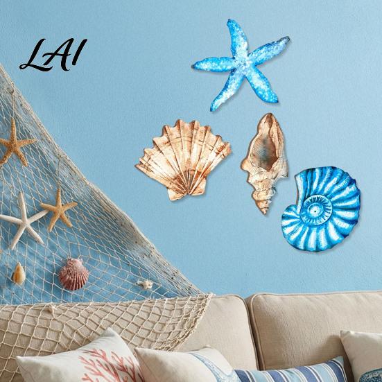 Boho Beach Wall Art 4Pcs/Set Shell Starfish Decor Wooden Seashell And Conch Art Indoor Outdoor Decoration Coastal Signs for House Home Bathroom