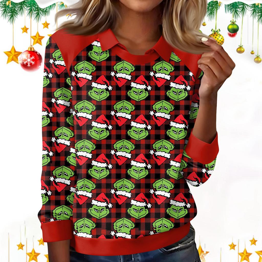 Women's Fashion Christmas Print Lapel Long Sleeve Casual Crewneck T-Shirt Top