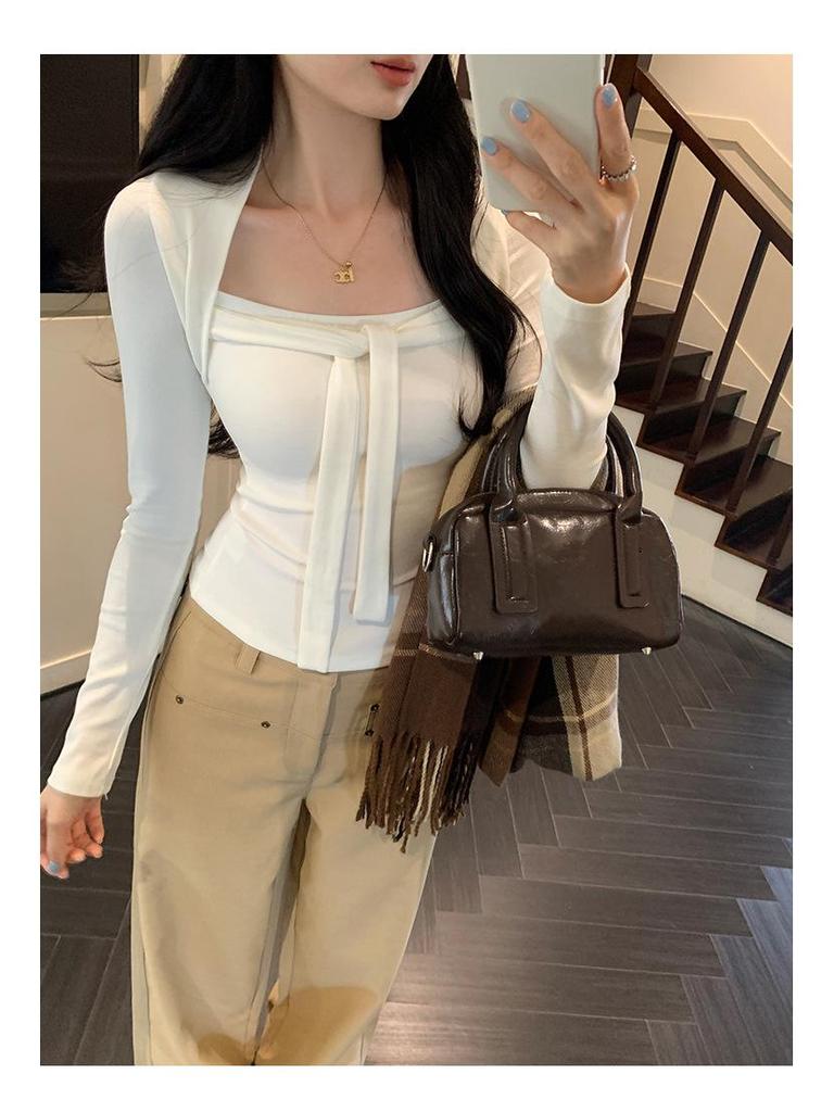 Chic Square Neck Lace-Up Slim Fit Short Top for Women - Autumn/Winter Fashion