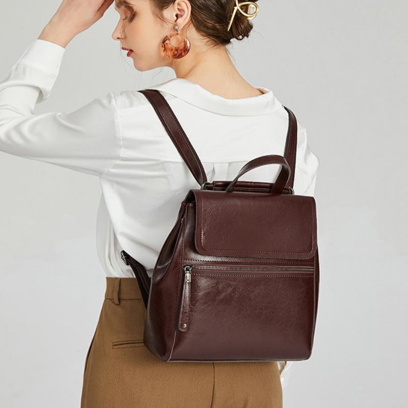 Johnature Genuine Leather Backpack Women Bag Fashion Oil Wax Cowhide Solid Color Schoolbag Leisure Outdoor Travel Bags