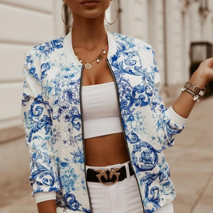 Модная женская куртка с круглым вырезом и молнией с длинными рукавами и принтом, большие размеры