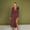Sexy Loose Print Women's Dress 2025 Fashion Deep V-Neck Long Sleeve Midi Dress Elegant High Waist Slit Party Dresses