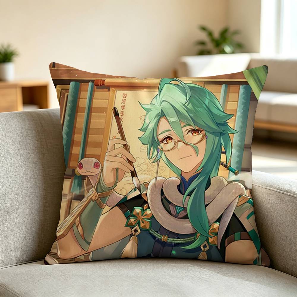 G-Genshin Impact Game Baizhu Pillow Case Square Double-Sided Sofa Cushion Cover Bedroom Bedside Pillow