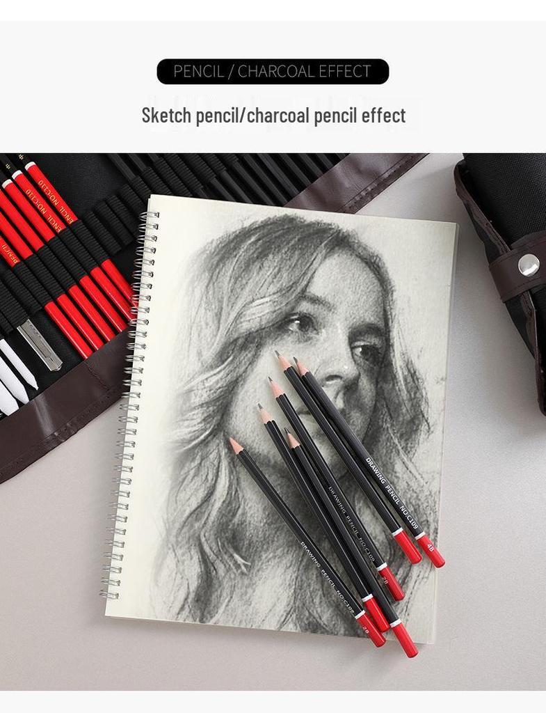 39-Piece Beginner Sketching Set: Charcoal Pencils, Eraser, Paintbrushes & Pencil Roll-up Case