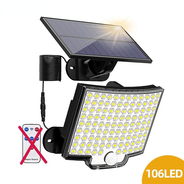 Солнечная лампа для улицы, 106 светодиодов, сверхяркий датчик движения, мощная солнечная батарея, светодиодный садовый настенный светильник, IP65, водонепроницаемый, 4 режима работы