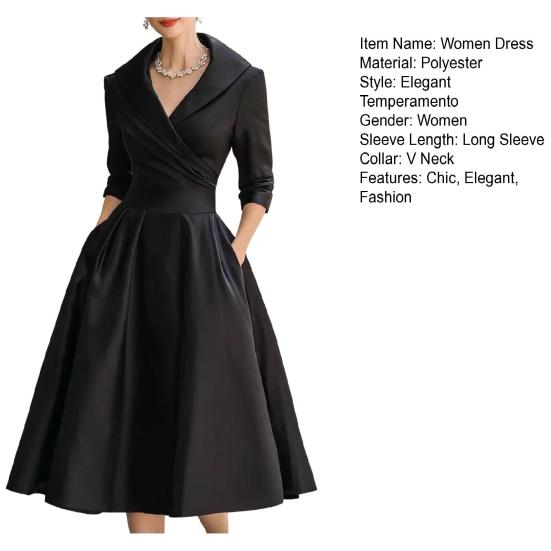 Women's Lapel V Sleeve A Line Neck Work Dress Long Swing Dress Formal Business