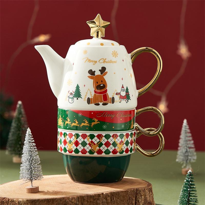 Christmas Ceramic Teapot Teacups Set with Gift Box Santa Claus/Elk Cartoon Teaware Coffee Cup Home Party Decor Christmas Gifts