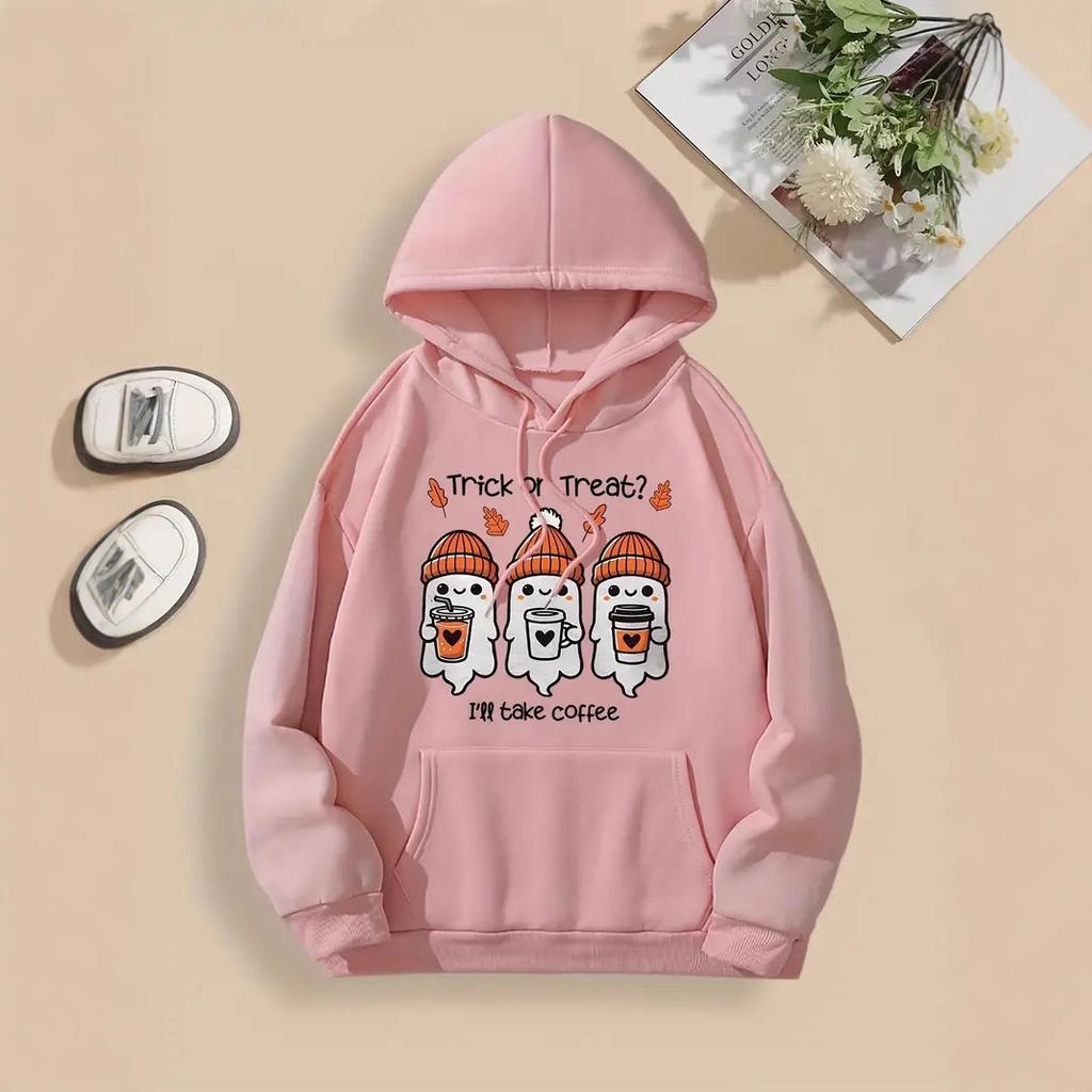 Женские весенне-осенние повседневные спортивные худи свободного кроя с капюшоном, длинным рукавом и большим карманом, с принтом привидения на Хэллоуин, пуловер, толстовка, топ