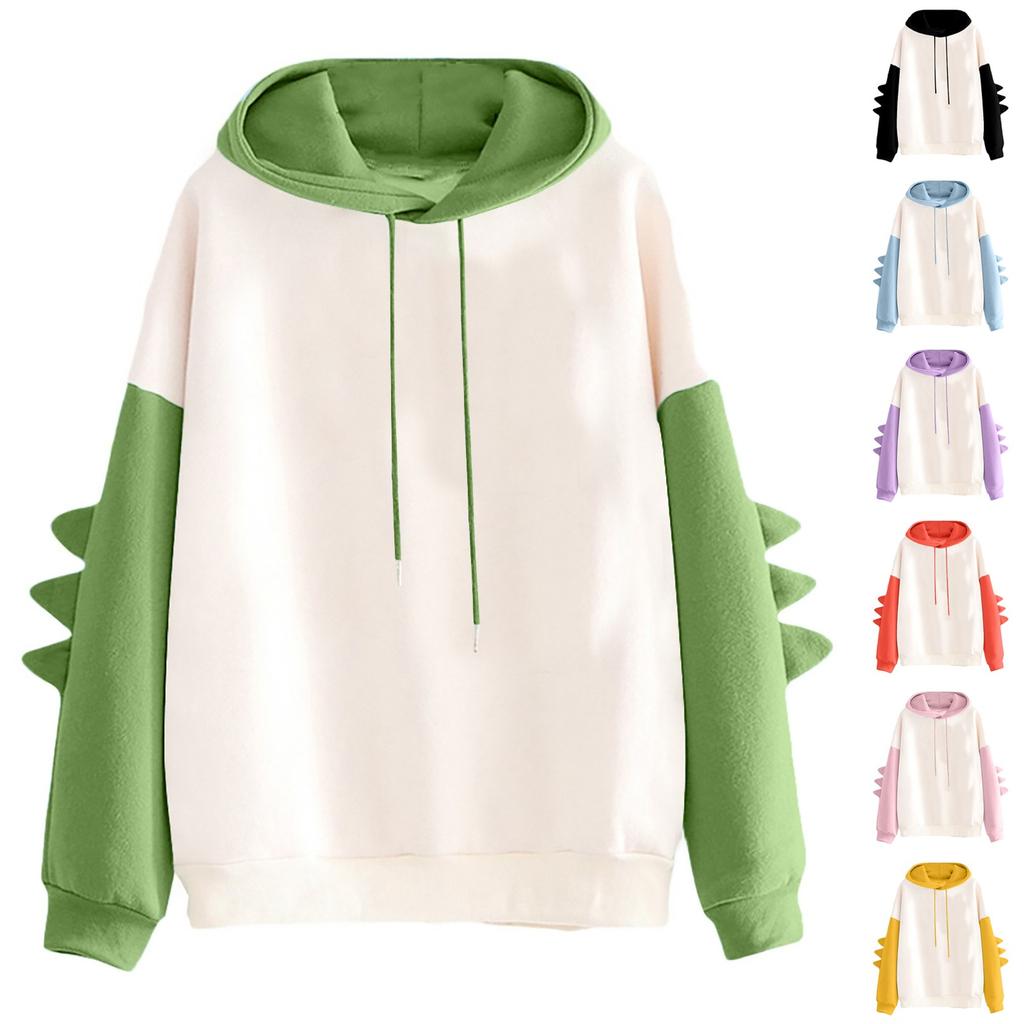 Women's Solid Color Contrasting Dinosaur Loose Casual Hoodie