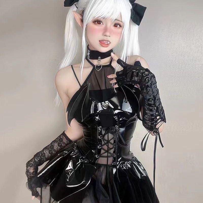 Sexy Little Devil Leather Skirt Set, Sexy JK Uniform, Halloween Cosplay Costume, Sexy Stockings Uniform Set