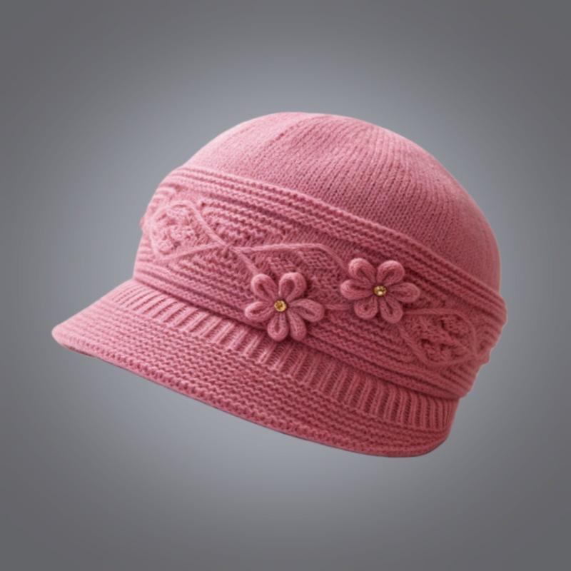 Middle-aged and elderly hats, women's autumn and winter fashion ear protection wool hats, versatile mother double flower pot hats, cold-proof and war