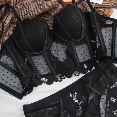 Длинный комплект с бюстгальтером пуш-ап из французского кружева с вышивкой, сексуальное женское нижнее белье, формирователь тела в виде рыбьей кости, топ, дышащий комплект из бюстгальтера и трусиков