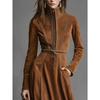 Autumn Elegant Vintage Suede Zipper Waist Cinched Tie A-line Long Skirt