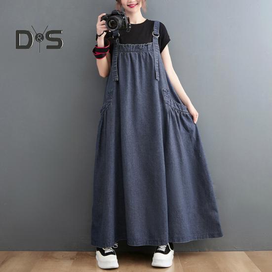 Женский джинсовый комбинезон, свободное платье-комбинезон без рукавов в стиле бохо с карманами, платье-сарафан с широким подолом и регулируемым ремешком