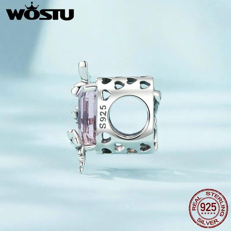 WOSTU 925 Sterling Silver Retro Butterfly Stopper Buckle Square Bible Beads Pink Faith Charms Fit Original Bracelet DIY Gifts