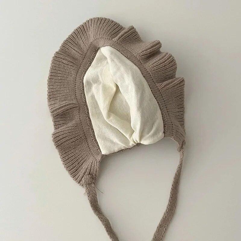 Baby Knitted Hat with Rope Retro Flower Beanie Cap for Girls Handmade Weave Infant Bonnet Winter Earflaps Caps Kids Accessories