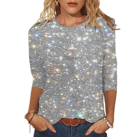 Women T-shirt Crew Neck 3/4 Sleeves Glitter Pullover Tops Shiny Sequins Solid Color Shimmering Blouse
