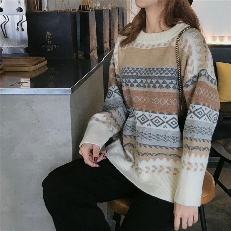 Retro Plus Size Sweater for WomenAutumn and Winter Loose Round Neck Outer Knitted Sweater