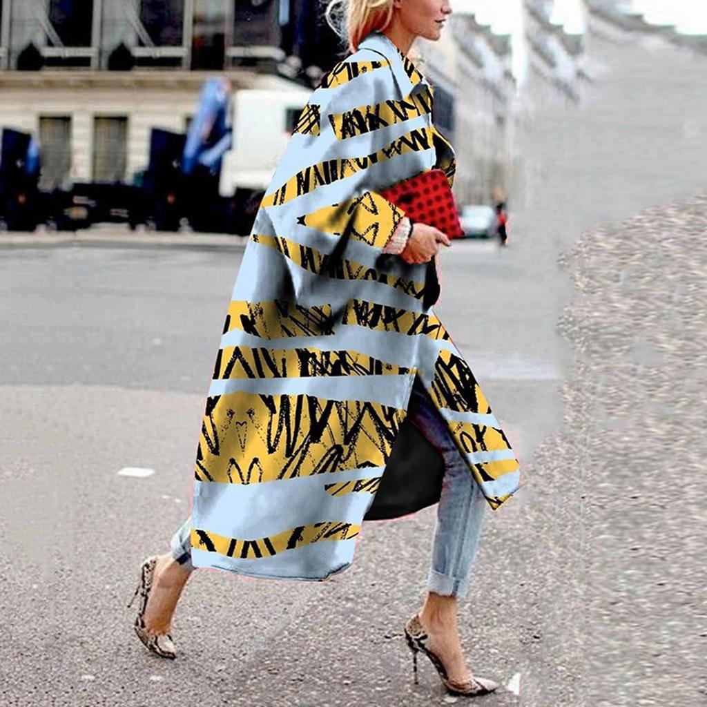 Модная женская карманная куртка с принтом, верхняя одежда, кардиган, пальто, длинный плащ