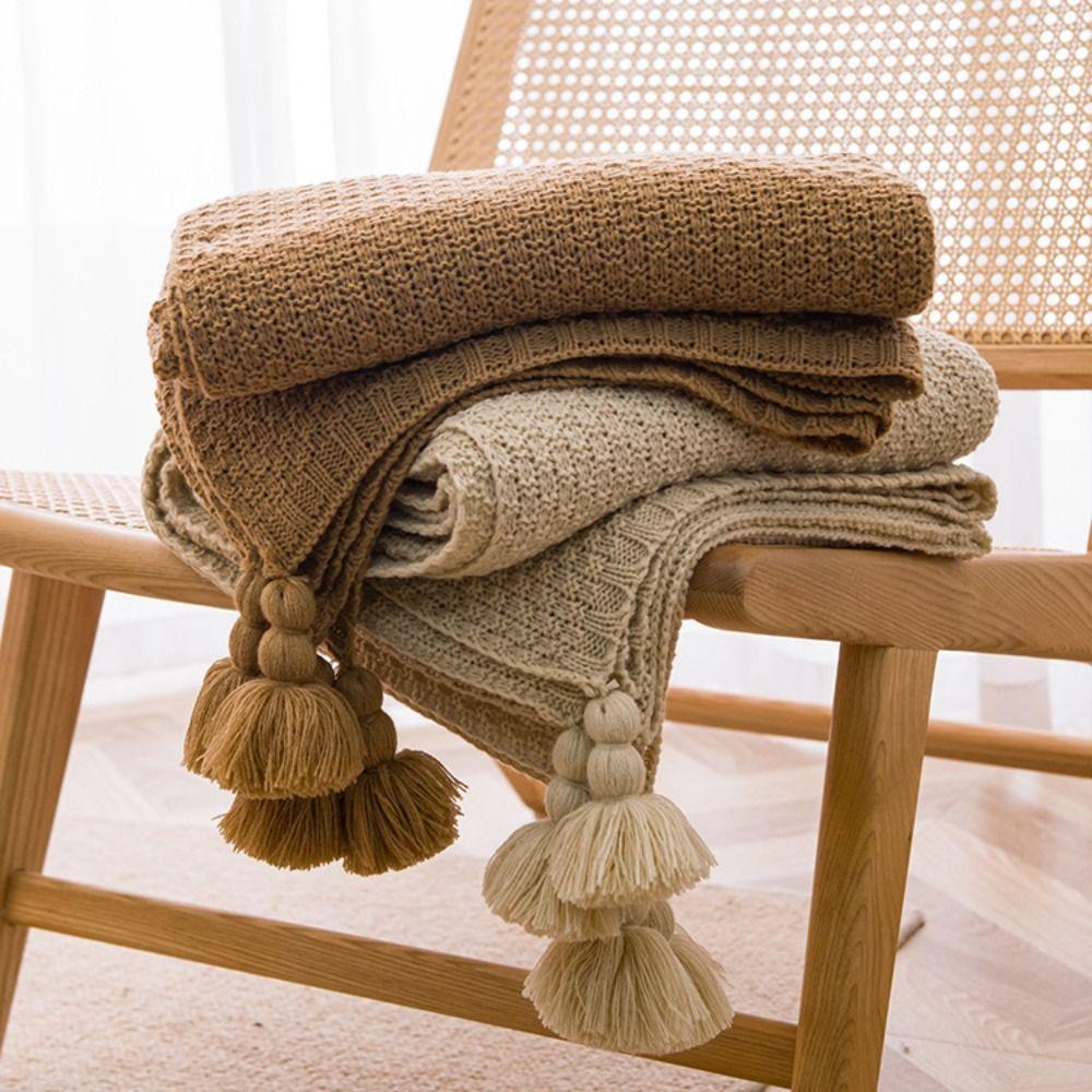 Инс Кисточка Вязаный Плед Утолщенный Плюшевый Плед Простой Однотонный Плед с Бахромой Зима